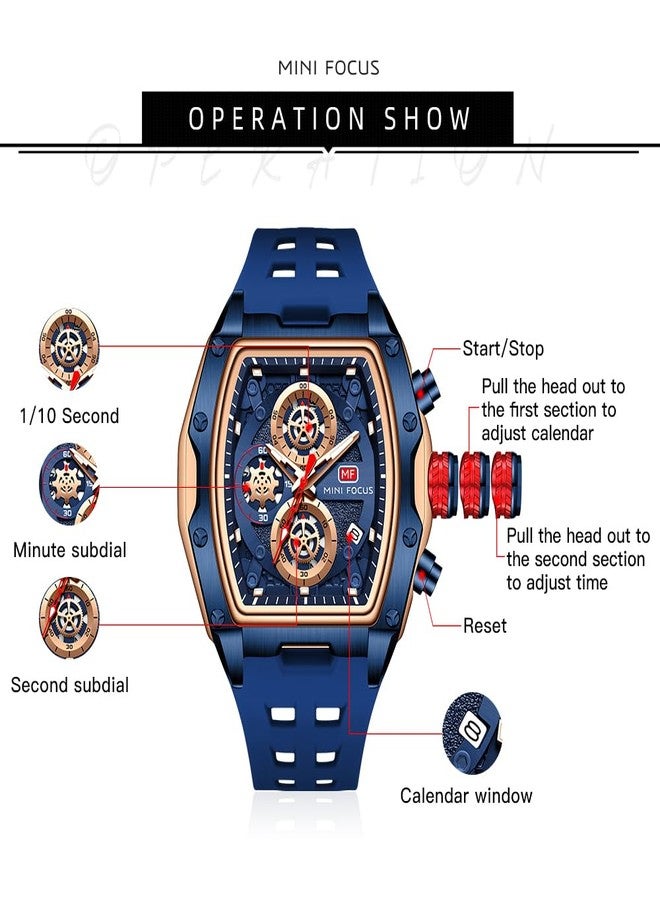 MF MINI FOCUS Men Watch Unique Tonneau Casual Wrist Watches (Chronograph/Waterproof/Luminous/Calendar/24 Hours) Silicon Band Fashion Watch for Men (Blue & Golden), (MF0473G.02) - Image 5